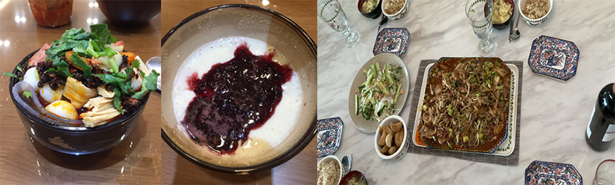 ❶ 룸메이트가 만든 중국식 라면 ❷ 블루베리 잼을 곁들인 우유 푸딩(원래는 단팥을 곁들여 먹는다고 한다.) ❸ 어버이 날 직접 만든 수자육편과 마라황과s