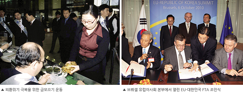 외환위기 극복을 위한 금모으기 운동(왼쪽), 브뤼셀 유럽이사회 본부에서 열린 EU-대한민국 FTA 조인식(오른쪽)