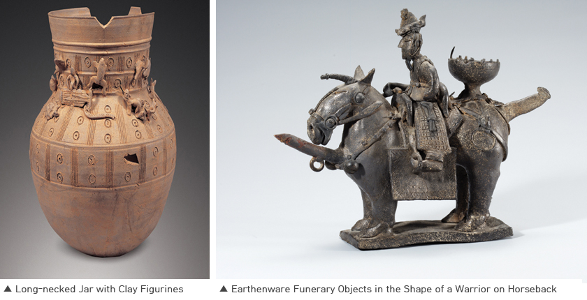 Long-necked Jar with Clay Figurines (left), Earthenware Funerary Objects in the Shape of a Warrior on Horseback (right)