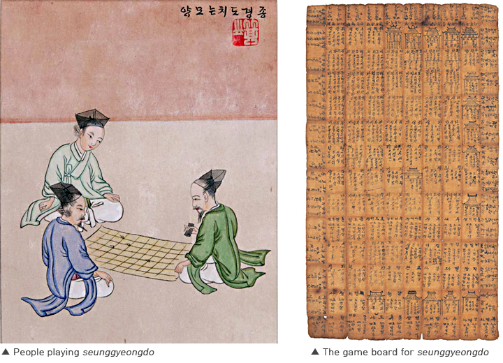 People playing seunggyeongdo and The game board for seunggyeongdo