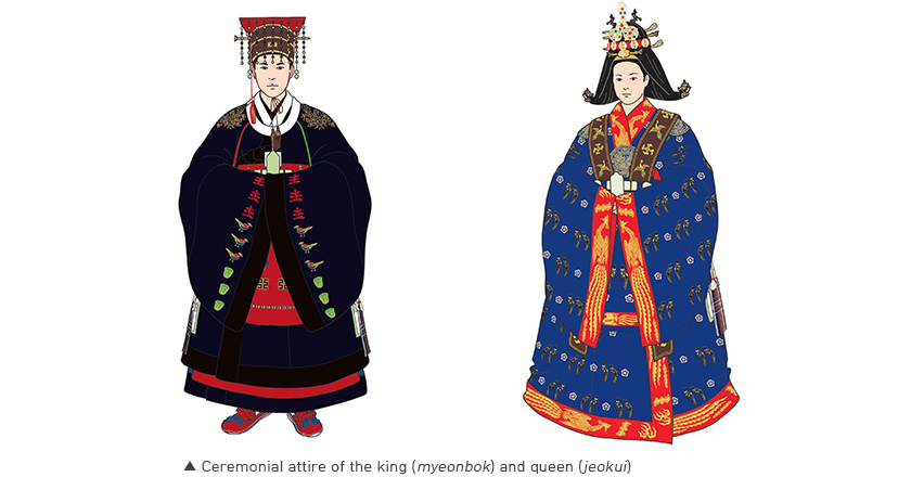 Ceremonial attire of the king (myeonbok) and queen (jeokui)