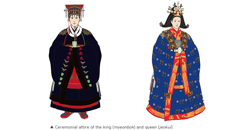 Ceremonial attire of the king (myeonbok) and queen (jeokui)