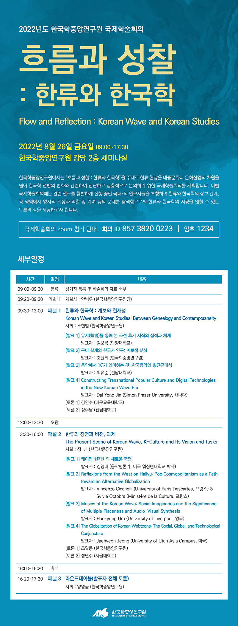 2022년도 한국학중앙연구원 국제학술대회 흐름과 성찰: 한류와 한국학 Flow and Reflection Korean and Korean Studies 2022년 8월 26일 금요일 09:00~17:30 한국학중앙연구원 강당 2층 세미나실  한국학중앙연구원에서는 “흐름과 성찰 : 한류와 한국학(Flow and Reflection: Korean Wave and Korean Studies)” 을 주제로 한류 현상을 대중문화나 문화산업의 차원을 넘어 한국학 전반의 변화와 관련하여 진단하고 심층적으로 논의하기 위한 국제학술회의를 개최합니다.    이번 국제학술회의에는 관련 연구를 활발하게 진행 중인 국내·외 연구자들을 초청하여 한류와 한국학의 상호 관계, 각 영역에서 양자의 위상과 역할 및 기여 등의 문제를 탐색함으로써 한류와 한국학의 지평을 넓힐 수 있는 토론의 장을 제공하고자 합니다.  국제학술회의 Zoom 참가 안내 회의 ID 857 3820 0223 암호 1234 세부일정 참조, 세부일정 시간 일정 내용 09:00~09:20 등록 참가자 등록 및 학술회의 자료 배부 09:20~09:30 개회식 개회사: 안변우(한국학중앙연구원장) 09:30~12:00 패널1 한류와 한국학: 계보와 현재성 Korean Wave and Korean Studies:Between Genealogy and Contemporaneity 사화: 조현범(한국학중안연구원) 발표1 유서를 통해 본 조선 후기 지식의 집적과 체계 발표자: 김보름(안양대학교) 발표2 구미 학계의 한국사 연구:계보적 분석 발표자 : 조원희(한국학중안연구원) 발표3 음악에서 'K'가 의미하는 것 : 한국음악의 횡단근대성 발표자:최유준(전남대학교) 발표4 Constructing Transnational Popular Culture and Digital Technologies in the New Korean Wave Era 발표자: Dal Yong Jin (Simon Fraser Uneversity, 캐나다) 토론1 김인수(대구교육대학교) 토론2 정수남(전남대학교) 12:00~13:30 오찬 13:30~16:00 패널2 한규의 장면과 비전, 과제 The Present Scene of Korean Wave, K-culture and Its Vision and Tasks 사회:장신(한국학중앙연구원) 발표1 케이팝 현지화의 새로운 국면 발표자:김영대(음악평론가, 미국워싱턴대학교 박사) 발표2 Reflecions from the West on Hallyu:Pop Cosmopolitanism as a Path toward an Alternative Globalization 발표자 : Viscenzo Cicchelli(University of Paris Descartes, 프랑스)&Sylvie Octobre(Ministere de la Culture,프랑스) 발표3 Musics of the Korean Wave:Social Imaginaries and the Significance of Multiple Placeness and Audid-Visual Syhthesis 발표자:Haekyung Um(Univerit of Liverpool,영국) 발표4 The Globalization fo Korean Webtoons: The Social,Global, and Technological Conjuncture 발표자: Jaehyeon Jeong(University of Utah Asia Campus, 미국) 토론1 조일동(학국학중앙연구원) 토론2 성연주(서울대학교) 16:00~16:20 휴식 16:20~17:30 패널3 라운드테이블(발표자 전체 토론) 사회:양영균(한국학중앙연구원)