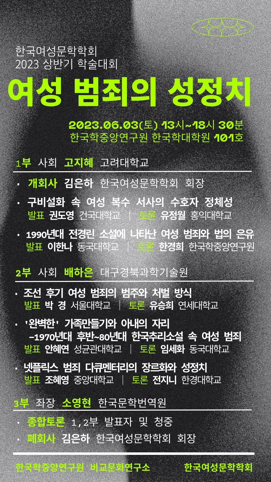 한국여성문학학회 2023 상반기 학술대회 여성 범죄의 성정치 2023.06.03(토) 13시~18시 30분 한국학중앙연구원 한국학대학원 101호 1부 사회 고지혜 고려대학교 개회사 김은하 한국여성문학학회 회장 구비설화 속 여성 복수 서사의 수호자 정체성 발표 권도영 건국대학교 토론 유정월 홍익대학교 1990년대 전경린 소설에 나타난 여성 범죄와 법의 은유 발표 이한나 동국대학교 토론 한경희 한국학중앙연구원 2부 사회 배하은 대구경북과학기술원 조선 후기 여성 범죄의 범주와 처벌 방식 발표 박 경 서울대학교 토론 유승희 연세대학교 '완벽한' 가족만들기와 아내의 자리 - 1970년대 후반 ~80년대 한국추리소설 속 여성 범죄 발표 안혜연 성균관대학교 토론 임세화 동국대학교 넷플릭스 범죄 다큐멘터리의 장르화와 성정치 발표 조혜영 중앙대학교 토론 전지니 한경대학교 3부 좌장 소영현 한국문학번역원 종합토론 1,2부 발표자 및 정중 폐회사 김은하 한국여성문학학회 회장 한국학중앙연구원 비교문화연구소 한국여성문학학회 